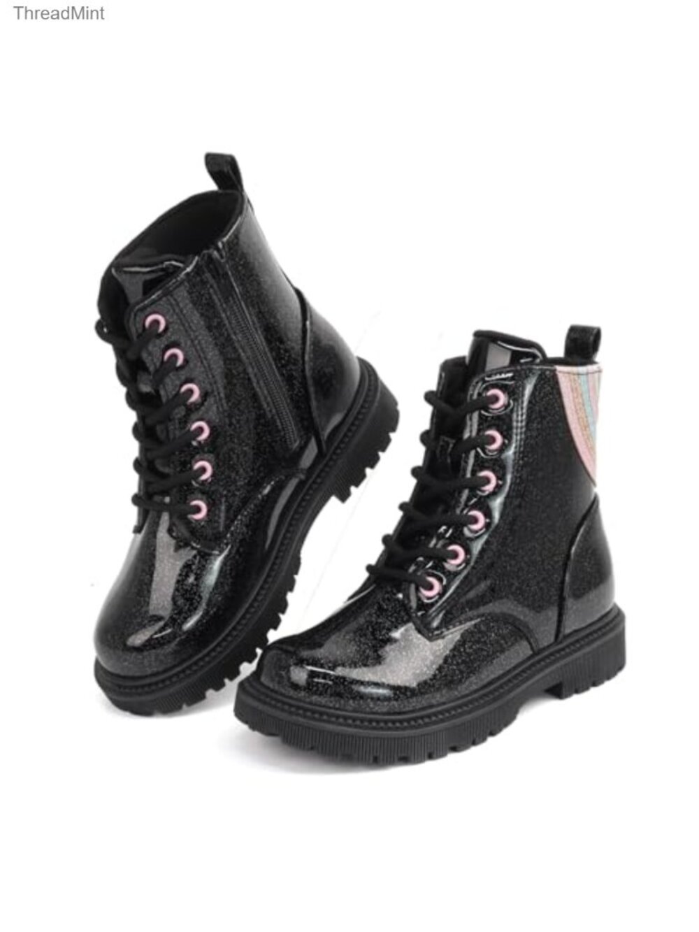 Girls Combat Boots with Gold Chain Charms, Sparkly Platform Boots
